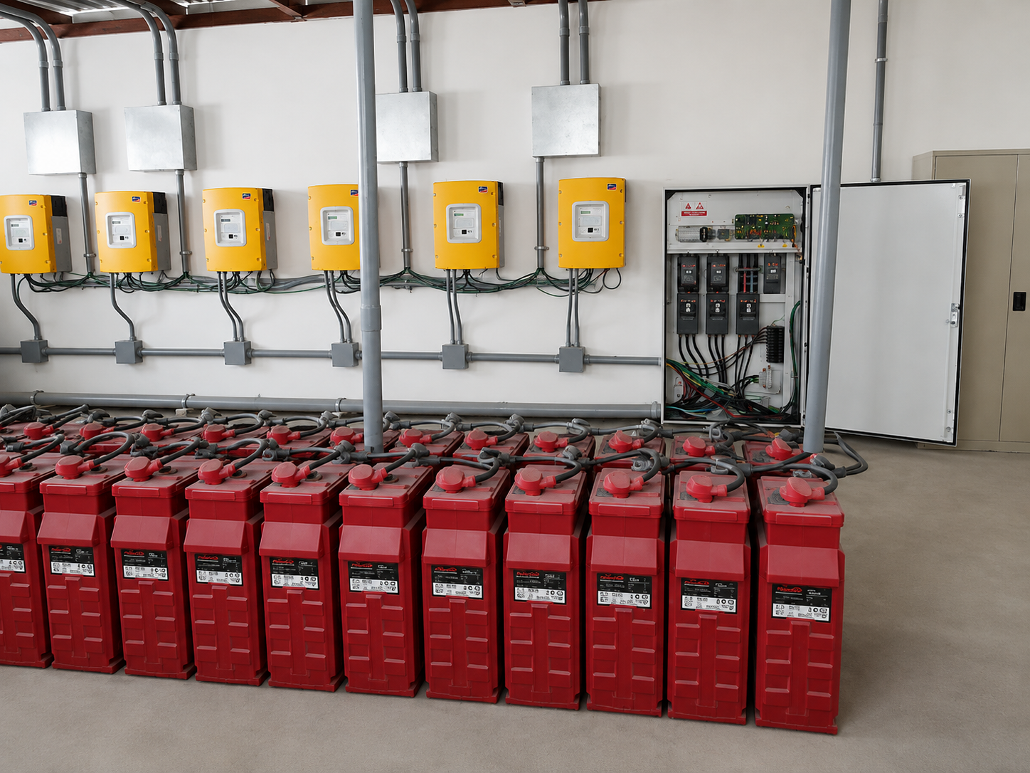 Wall-mounted SMA inverters with a battery bank in a power room