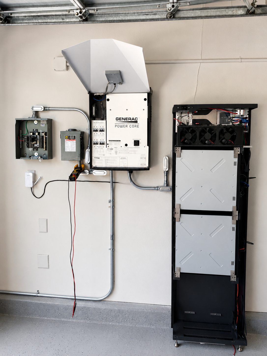 Generac Power Core backup power system installed on a wall next to battery storage