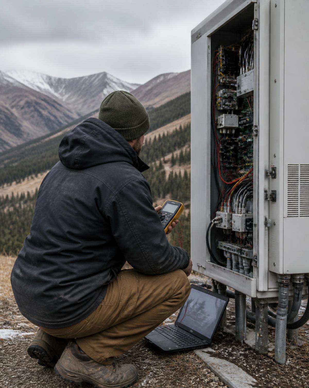 Kody Calkins working on a power system enclosure in the Colorado high country